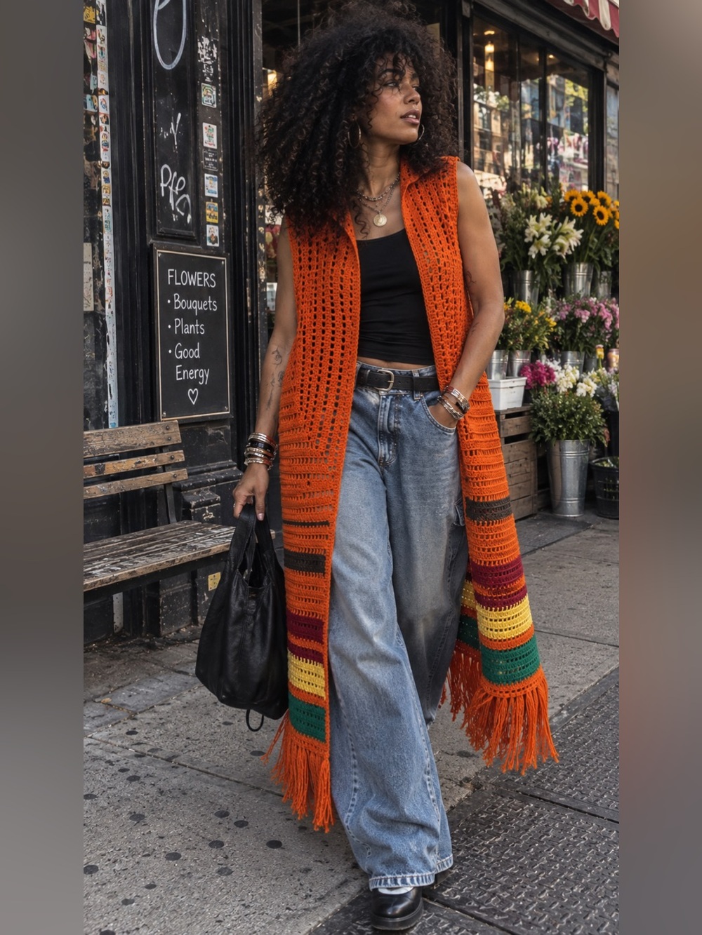 70s Inspired Burnt Orange Crochet Fringe Duster Vest Longline Boho L/ XL